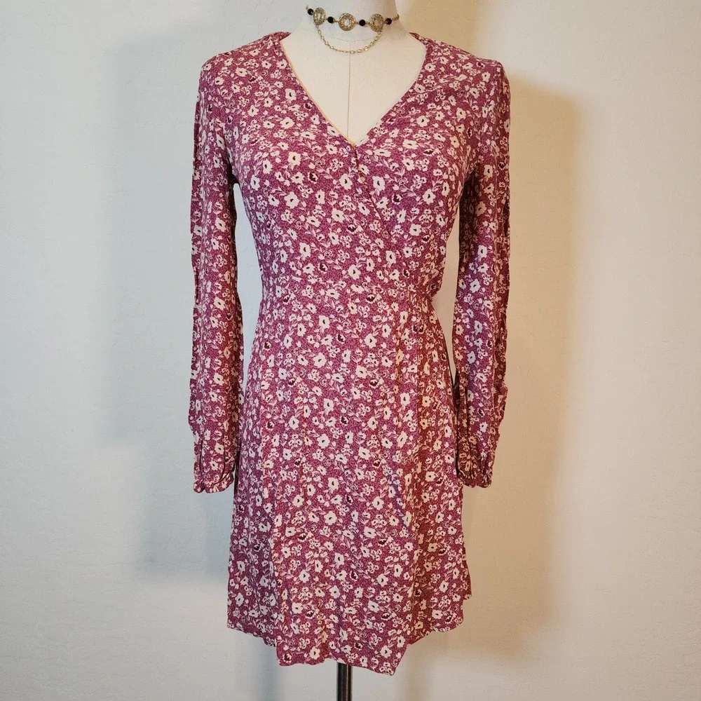 Elodie Floral Print Long Sleeve‎ Mini Wrap Dress Burgundy Size 8